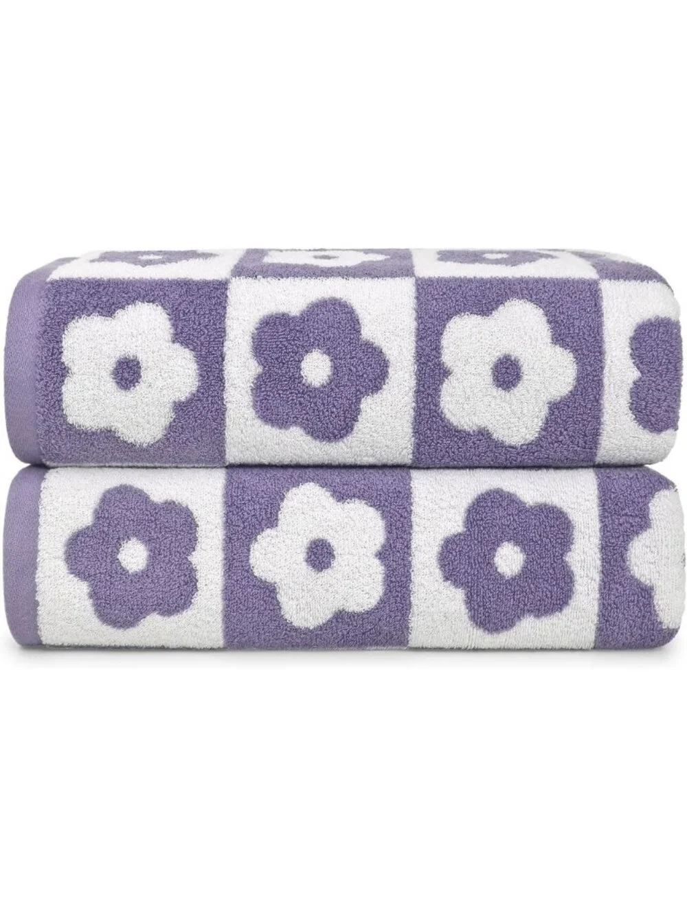 Luxury Checkered Floral Bath Towels Set - Soft Purple Towels for Women & Girls